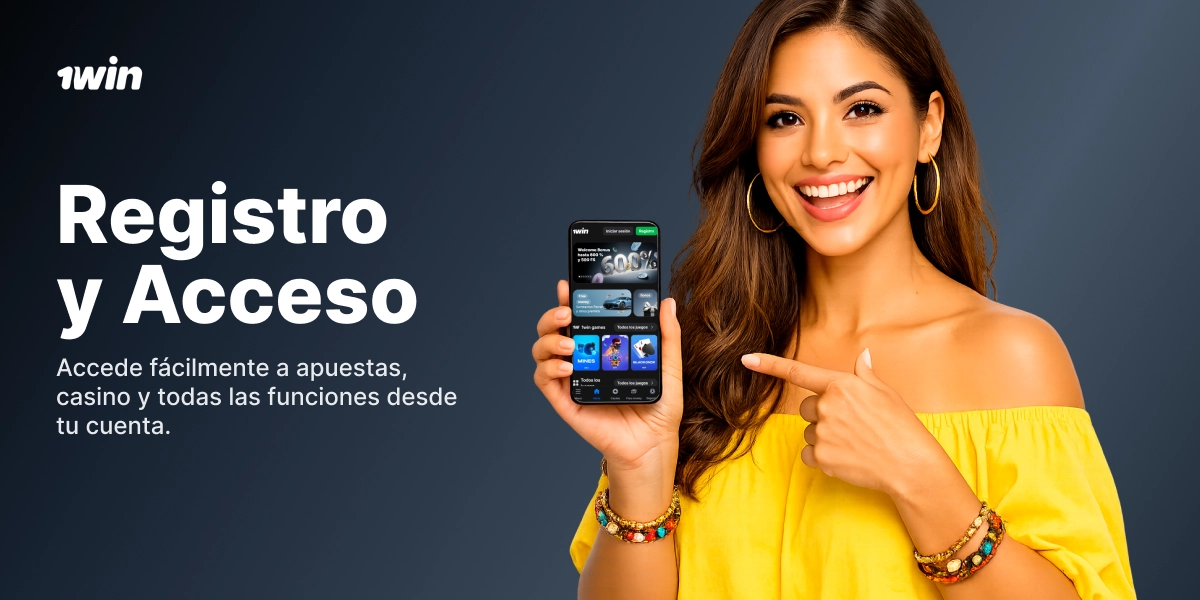 Mujer sonriente mostrando la app 1Win en su teléfono durante el registro y acceso