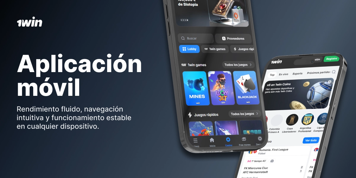 Aplicación móvil 1Win en smartphone con interfaz de apuestas deportivas y casino en pantalla