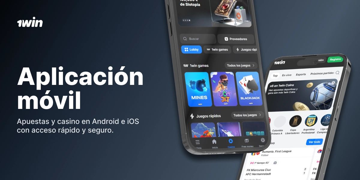 Sección aplicación móvil 1Win con smartphone mostrando interfaz de apuestas