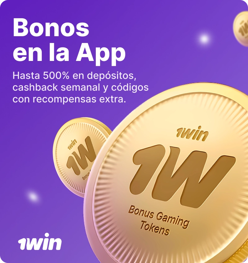 Bonos en la app 1Win con moneda dorada 1W y promoción hasta 500% de depósito