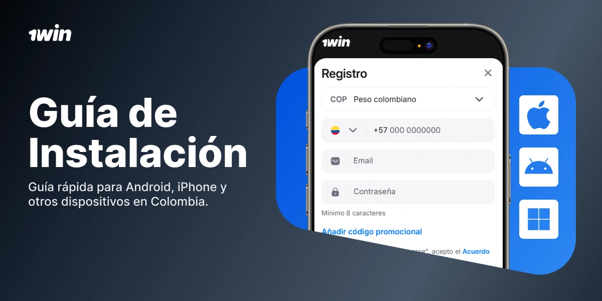 Guía de instalación de la app 1Win en Android y iPhone con pasos visuales en pantalla
