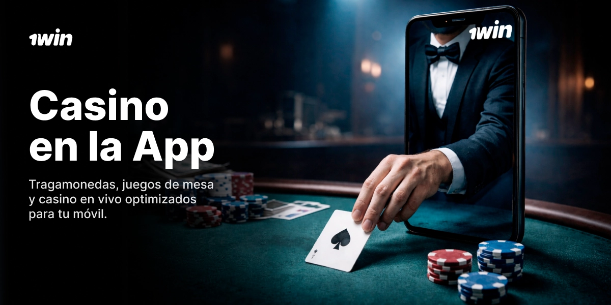 Jugador en mesa de casino usando la app 1Win con fichas y cartas en primer plano