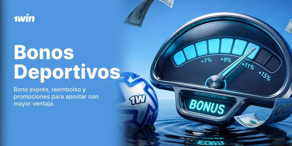 Bonos deportivos 1win con velocímetro digital bonus y balón azul sobre fondo brillante