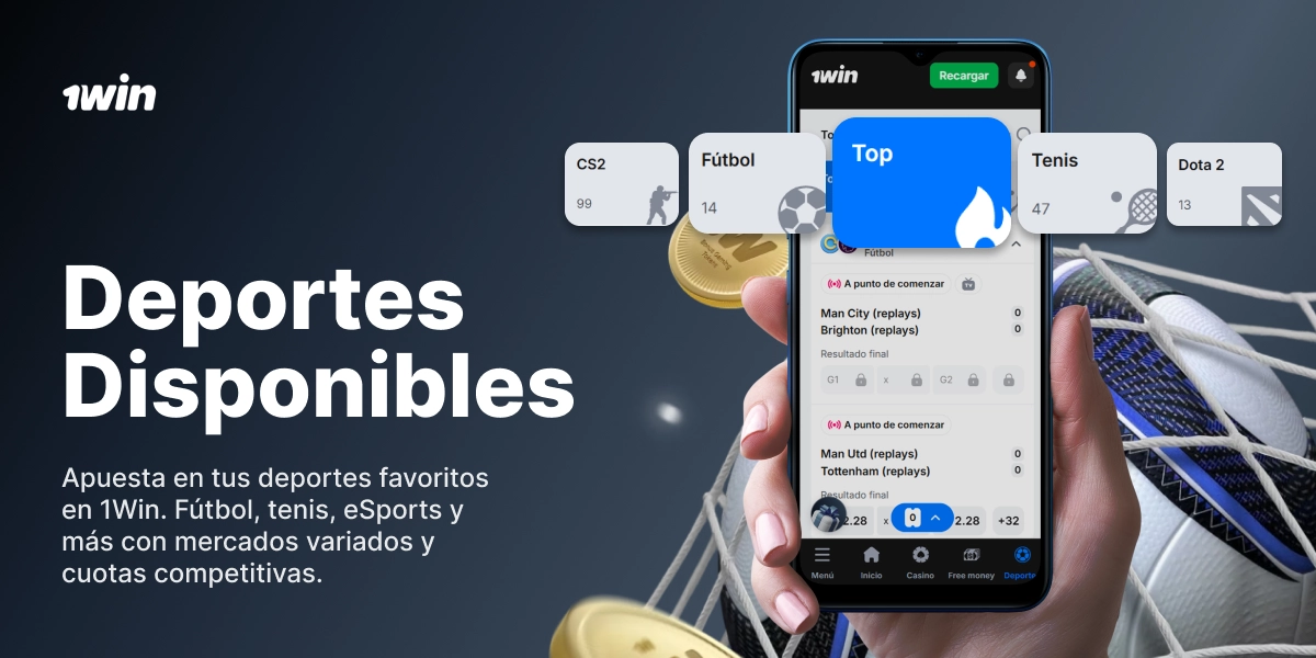 Deportes disponibles en 1win con smartphone mostrando app de apuestas y monedas doradas