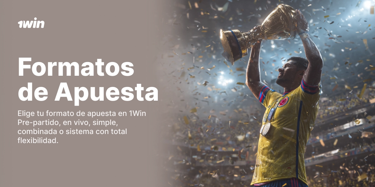 Formatos de apuesta 1win con futbolista celebrando trofeo en estadio iluminado