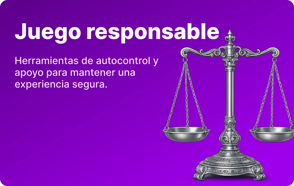 Juego responsable 1win con balanza de justicia sobre fondo morado brillante