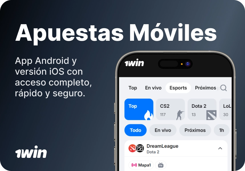 Apuestas móviles 1win en smartphone con interfaz de deportes y cuotas en vivo