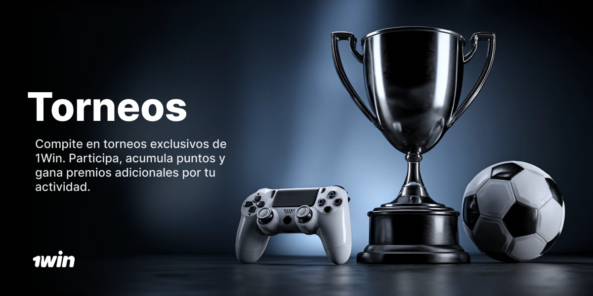 Torneos 1win con trofeo plateado, control gamer y balón de fútbol en escena oscura