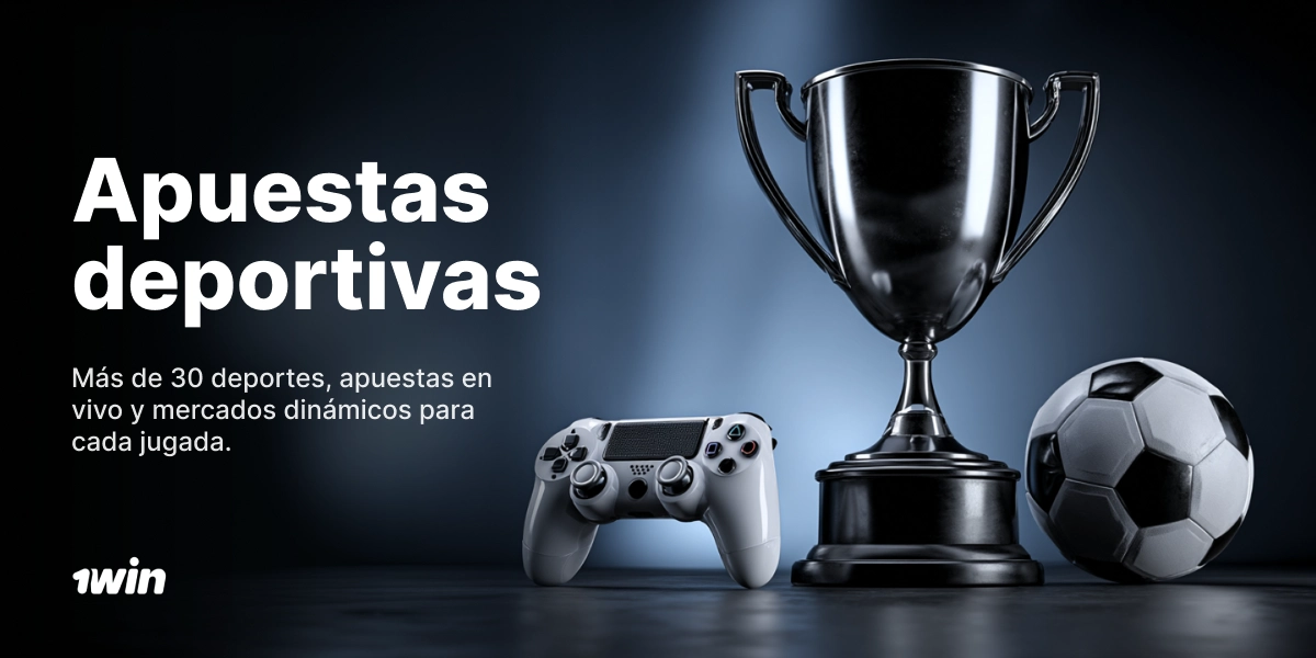 Página apuestas deportivas 1Win con trofeo, control y balón de fútbol