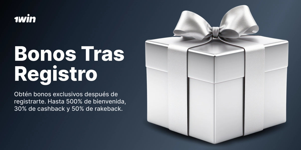 Bonos tras registro 1win con caja de regalo plateada y lazo brillante