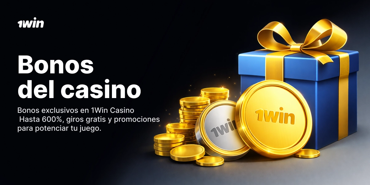 Bonos del casino 1win con monedas doradas y caja de regalo azul sobre fondo oscuro