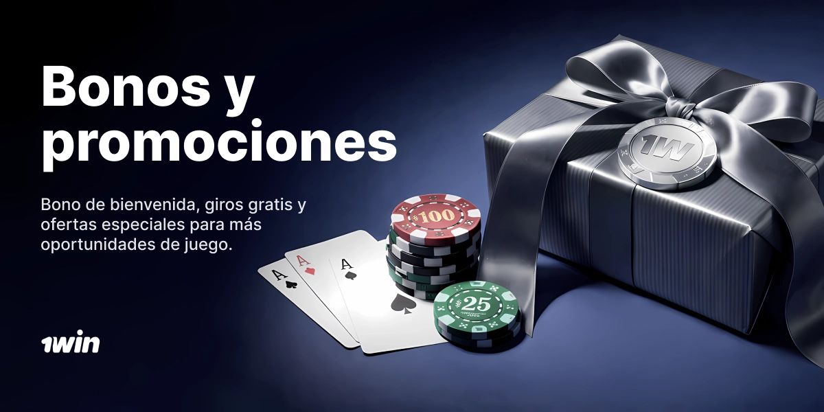 Página de bonos y promociones 1Win con caja de regalo, cartas y fichas de casino