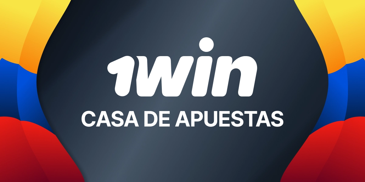 Banner 1win casa de apuestas con fondo azul oscuro y ondas amarillas y rojas corporativas