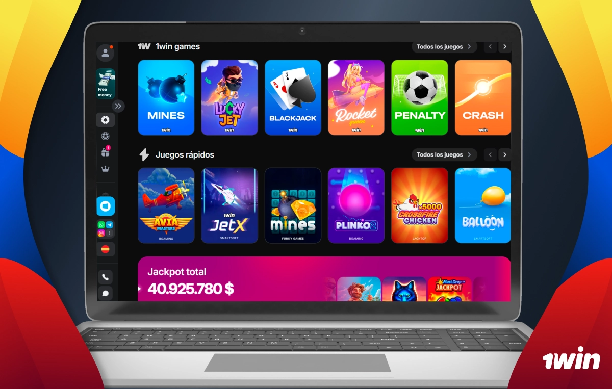 Casino 1win en portátil con catálogo de tragamonedas y juegos coloridos en pantalla