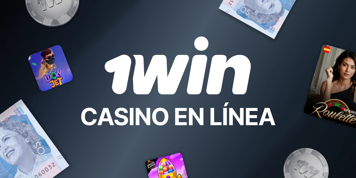 Banner casino en línea 1Win con logo central y elementos de juego alrededor