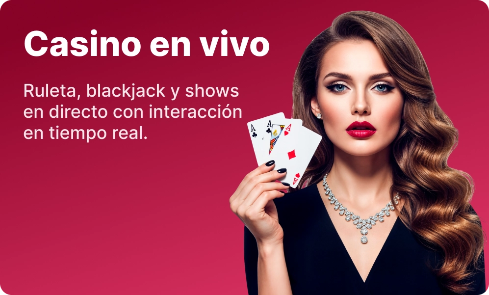 Casino en vivo 1win con crupier sosteniendo cartas sobre fondo rojo intenso