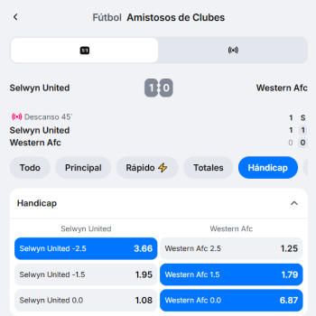 Página del partido Selwyn United vs Western Afc con mercados y hándicap en 1win