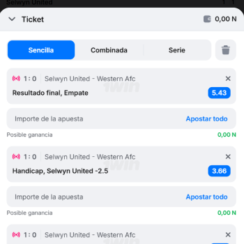 Cupón de apuesta en 1win con selecciones añadidas y cálculo de posible ganancia