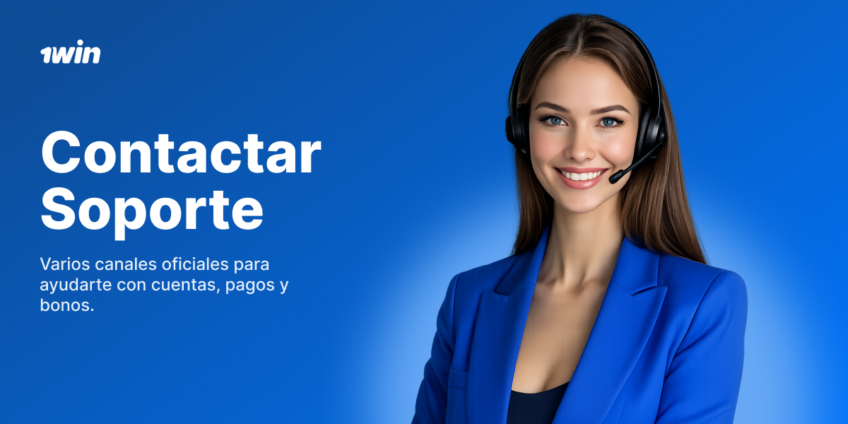 Contactar soporte 1win con agente de atención al cliente y fondo azul corporativo