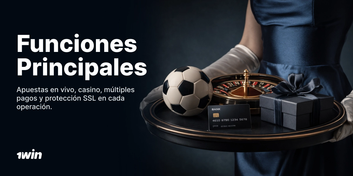 Sección funciones principales de 1Win con ruleta, balón y regalos sobre fondo oscuro