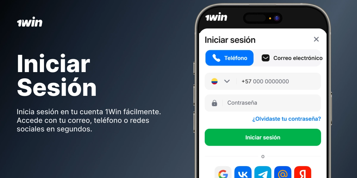 Iniciar sesión en 1win con pantalla de login en smartphone sobre fondo azul oscuro
