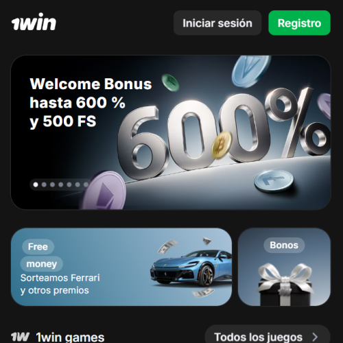 ágina principal de 1win en navegador móvil con botón Registro y banner promocional