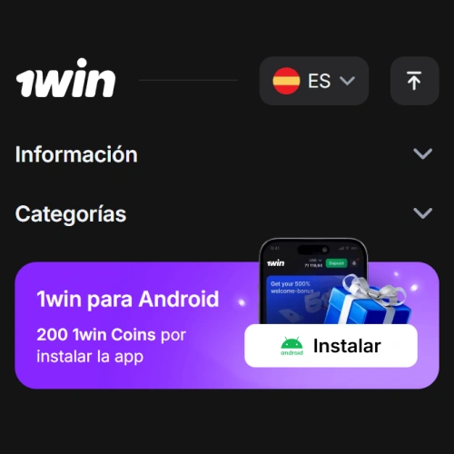 Sección de descargas en 1win con opción Instalar app para Android desde el sitio oficial
