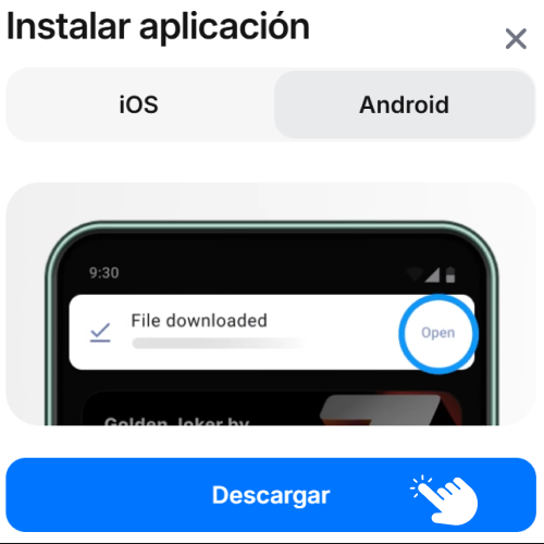 Ventana Instalar aplicación en 1win con selección Android y botón Descargar APK
