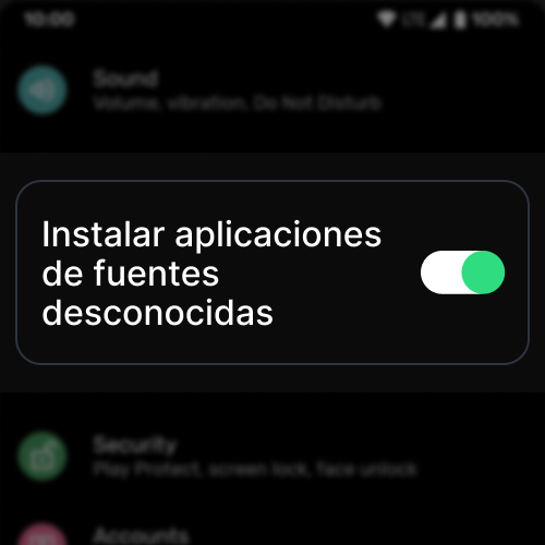 Configuración de Android activando Instalar aplicaciones de fuentes desconocidas