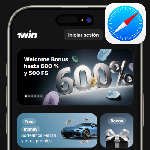 Sitio oficial de 1win abierto en Safari desde iPhone para iniciar descarga en iOS