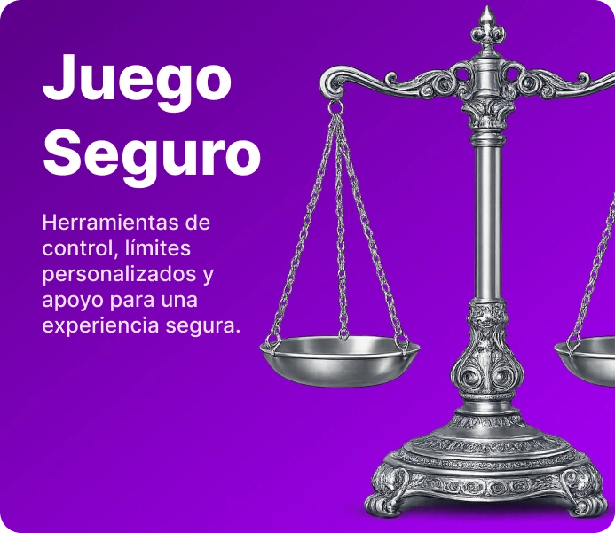 Sección juego seguro 1Win con balanza plateada sobre fondo morado
