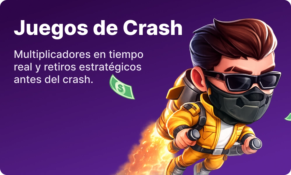 Juegos de Crash 1win con personaje en vuelo y billetes en fondo morado
