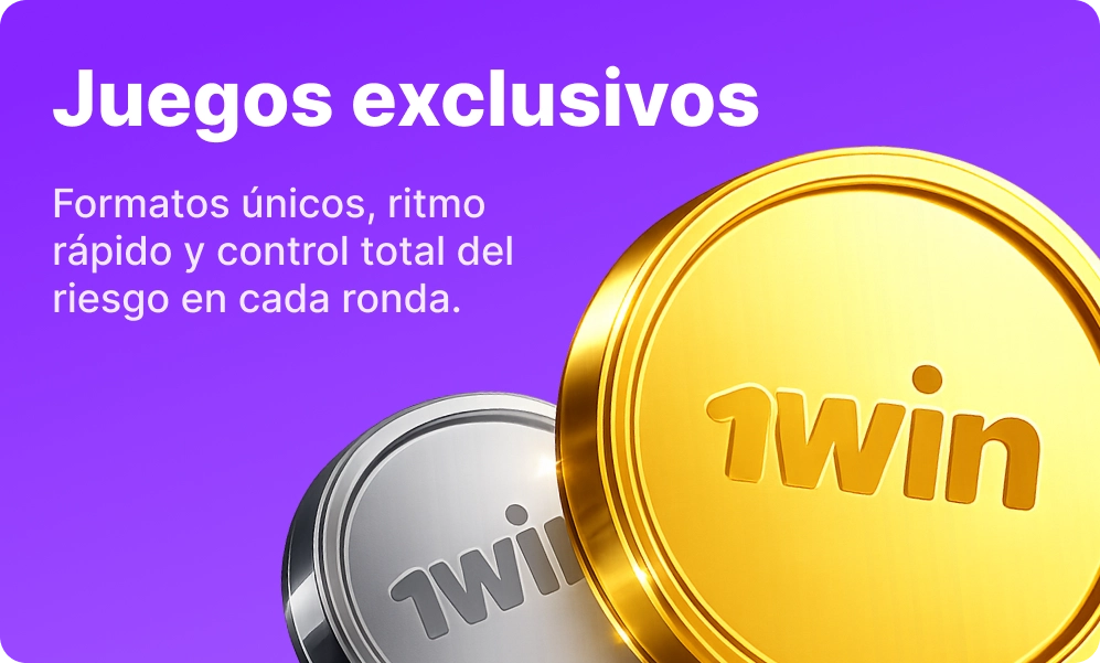 Juegos exclusivos 1win con monedas doradas y plateadas sobre fondo violeta