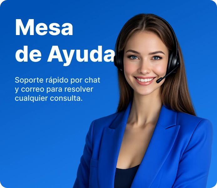 Página mesa de ayuda 1Win con asesora con auriculares y fondo azul
