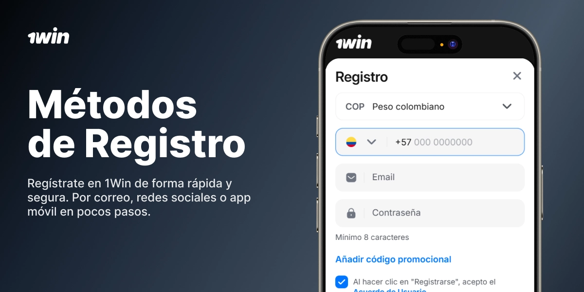 Métodos de registro 1win con formulario en smartphone y opciones de acceso