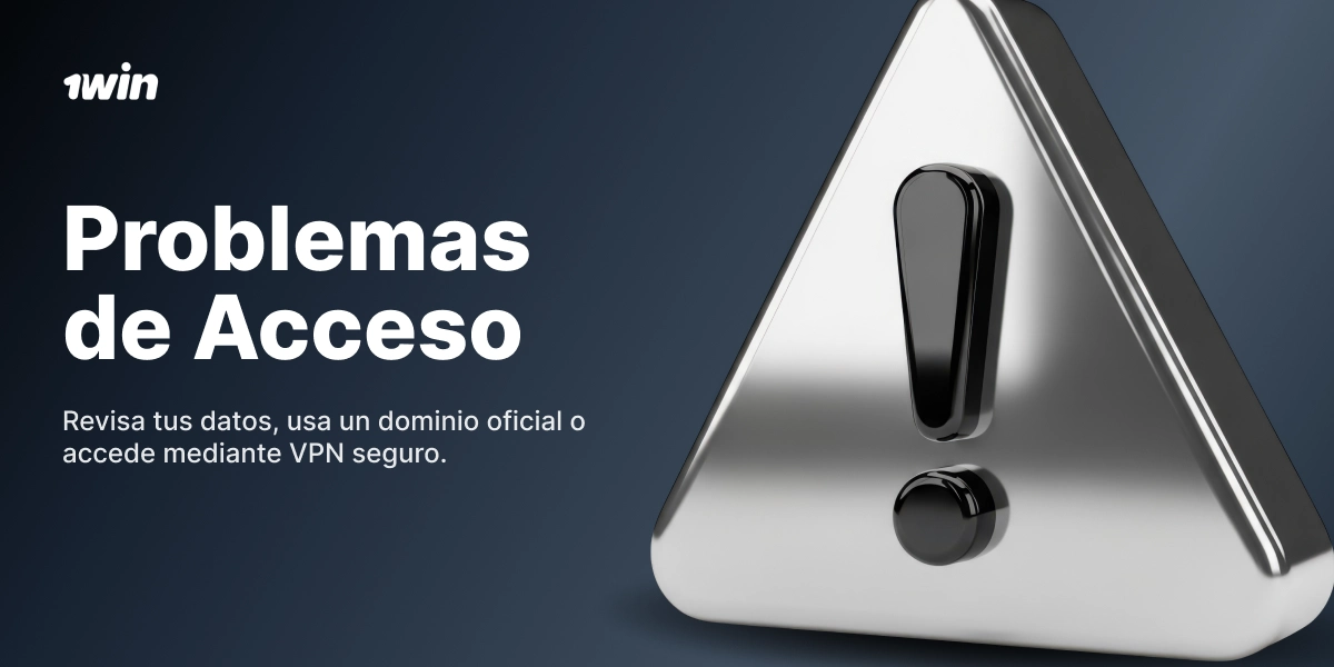 Problemas de acceso 1win con símbolo de advertencia metálico en fondo azul