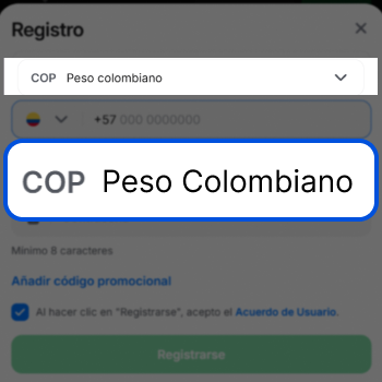 Ventana de registro 1win con selección de moneda COP peso colombiano y campo de teléfono