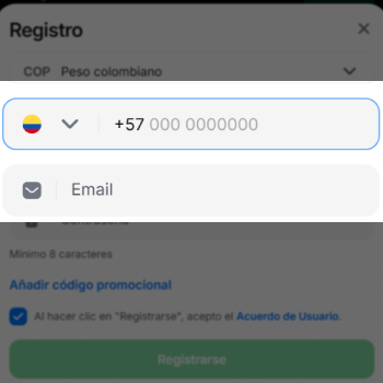 Formulario de registro 1win con campos de correo electrónico y contraseña para crear cuenta
