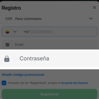 Formulario de registro 1win con campos de contraseña para crear cuenta