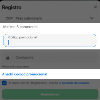 Campo de código promocional en el registro de 1win para activar bono de bienvenida