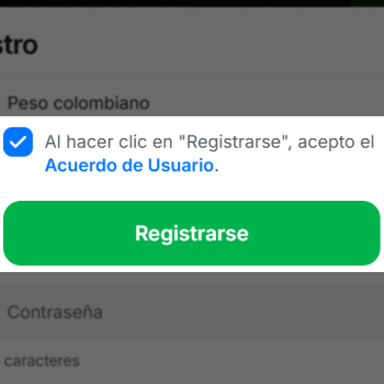 Confirmación del Acuerdo de Usuario y botón Registrarse en el formulario de 1win