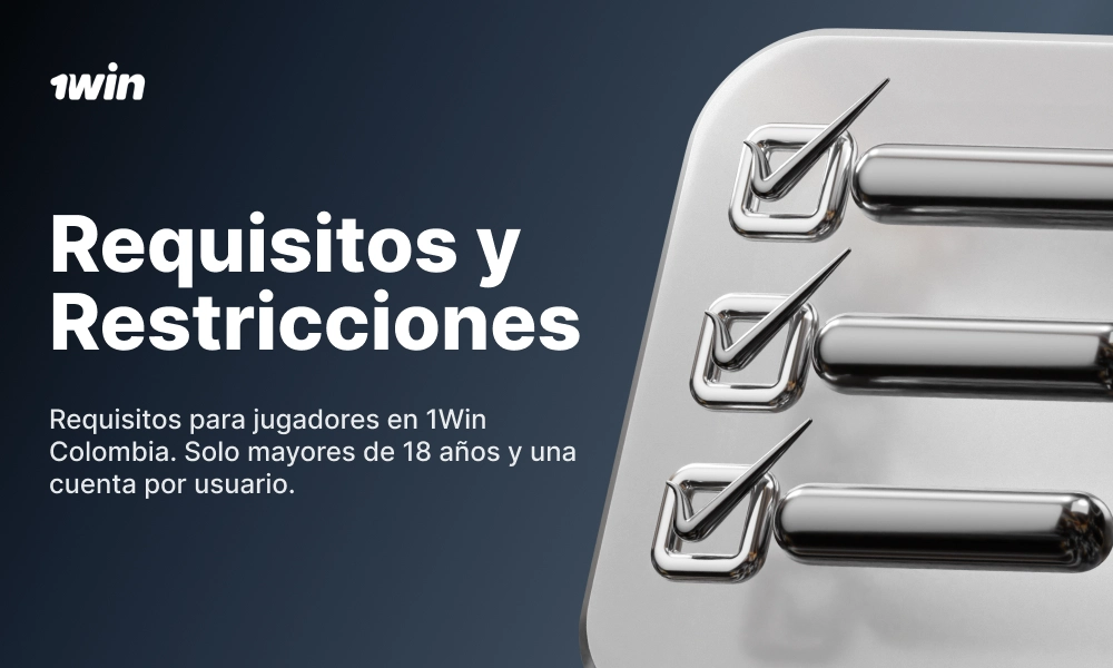 Requisitos y restricciones 1win con lista de verificación metálica en fondo azul