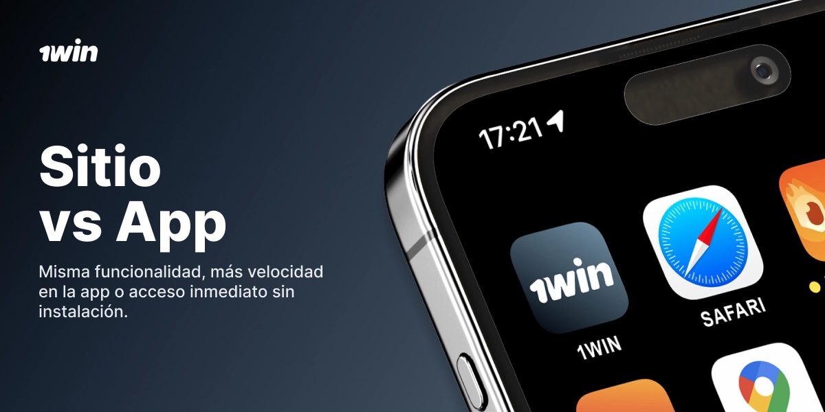 Comparación sitio web y app 1Win en smartphone con iconos de navegador