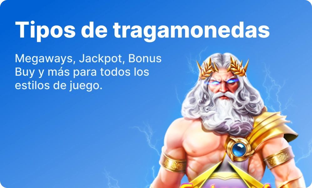 Tipos de tragamonedas 1win con personaje estilo Zeus y fondo azul eléctrico