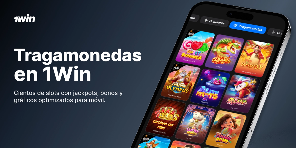 Tragamonedas en 1Win con smartphone mostrando slots y jackpots optimizados para móvil