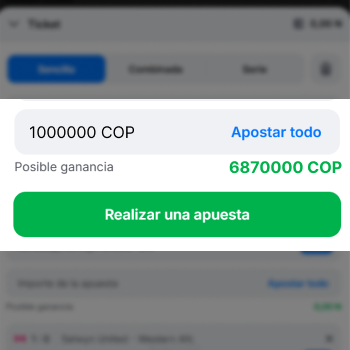 Confirmación de apuesta en 1win con monto ingresado y botón Realizar una apuesta