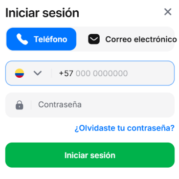 Formulario de iniciar sesión 1win con opción teléfono y campo de contraseña