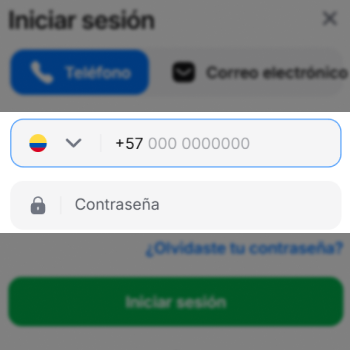 Pantalla de acceso 1win con número de teléfono y contraseña completados