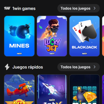 Interfaz de 1win games con secciones de juegos rápidos y tragamonedas