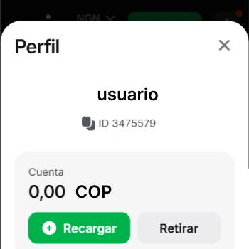 Perfil de usuario en 1win con saldo en COP y botones de recargar y retirar